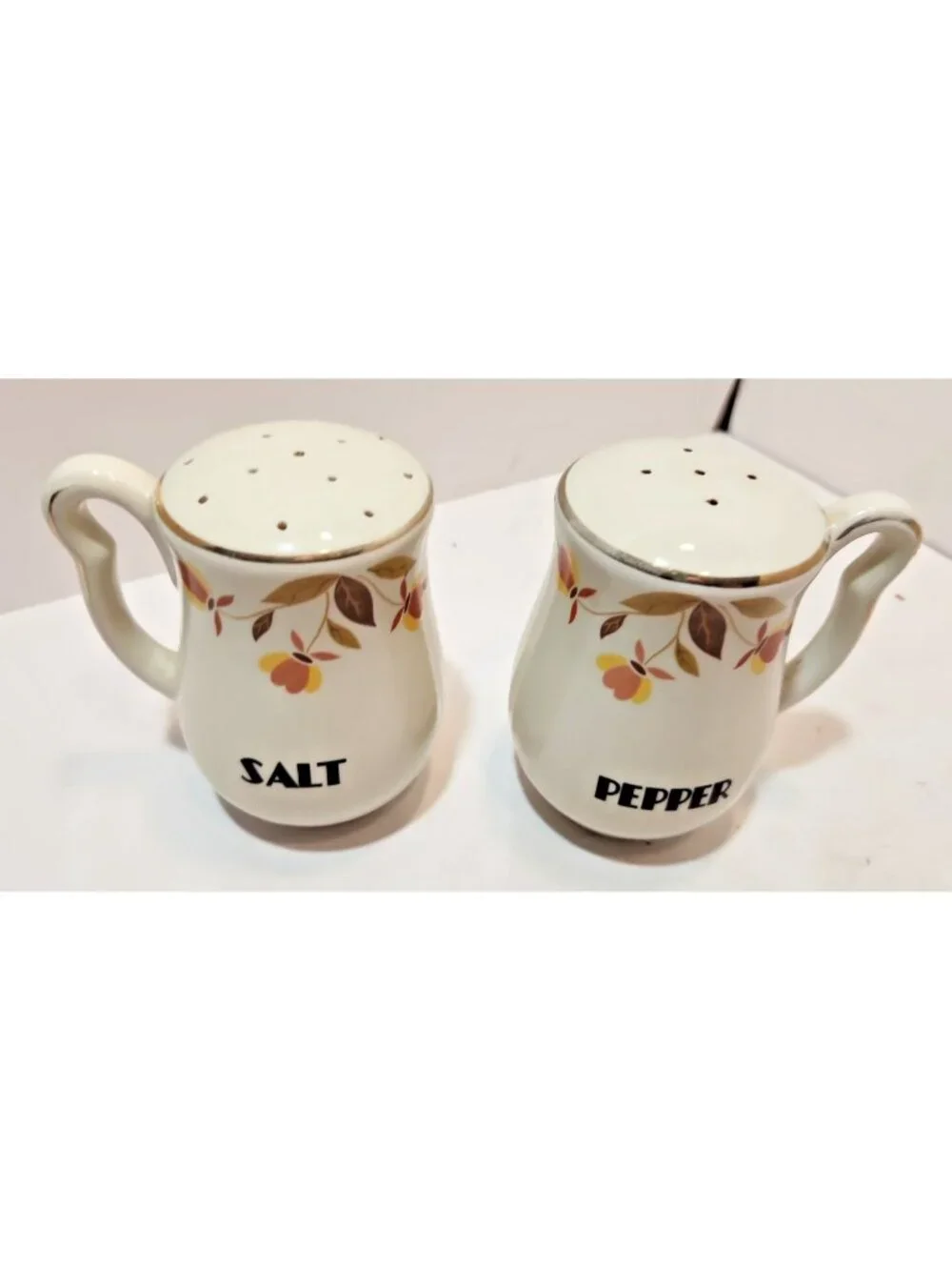Vtg Hall Autumn Leaf Left Right Handled Salt & Pepper Range Set Mary Dunbar